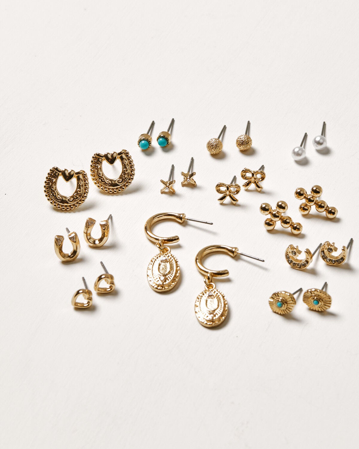 Shyanne Women's Horseshoe Charm Cross and Pearl Earring Set - 24 Piece, Gold, hi-res