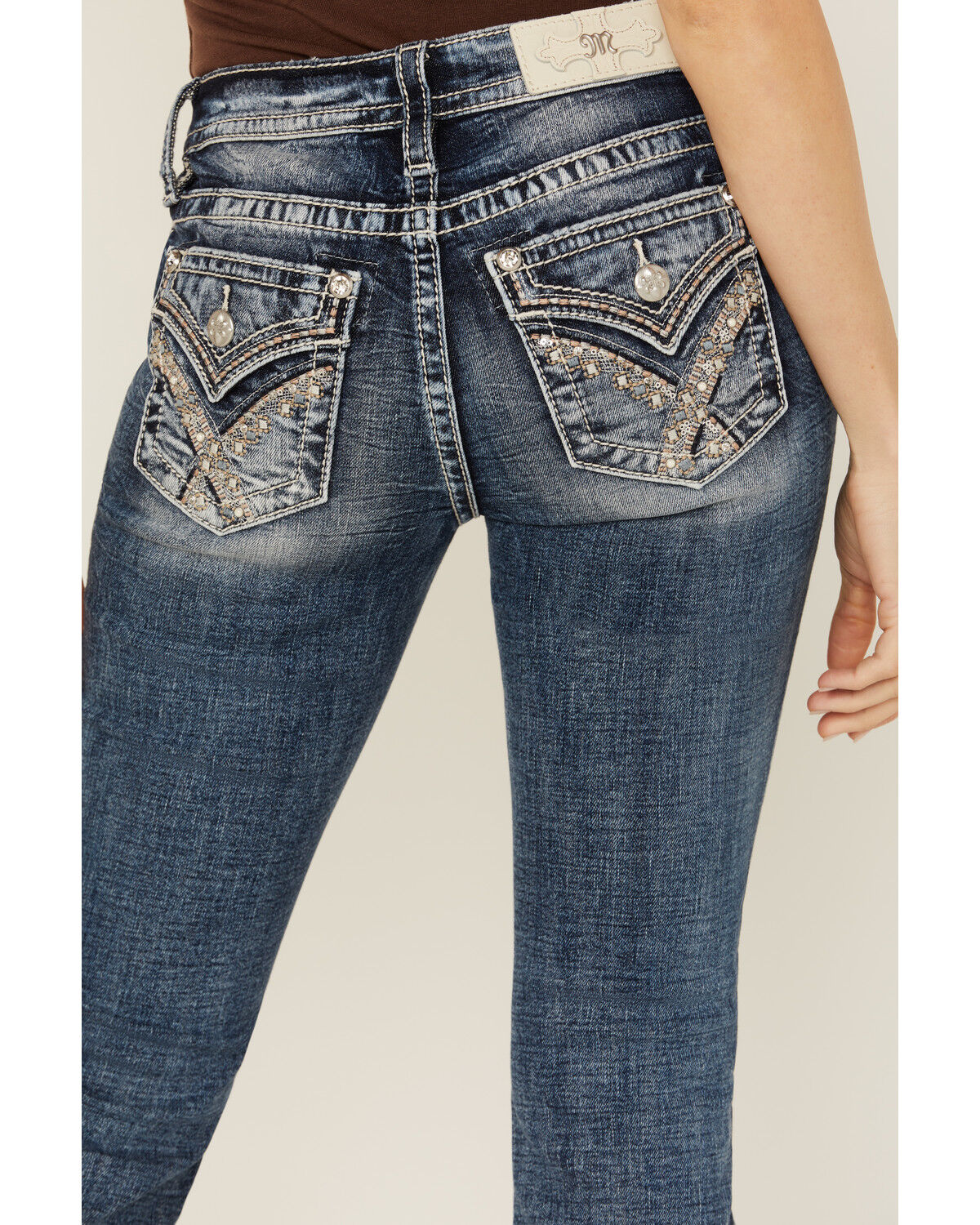 Image #2 - Miss Me Women's Dark Wash Embellished Flap Pocket Mid Rise Bootcut Stretch Denim Jeans, , hi-res