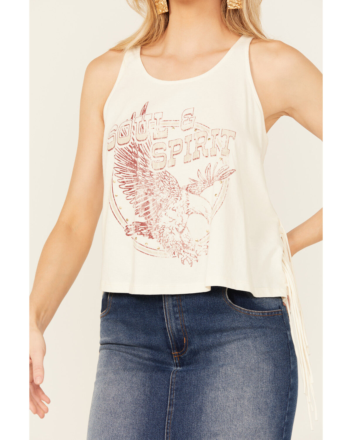 Image #3 - Shyanne Women's Soul and Spirit Cage Back Fringe Graphic Tank, Cream, hi-res