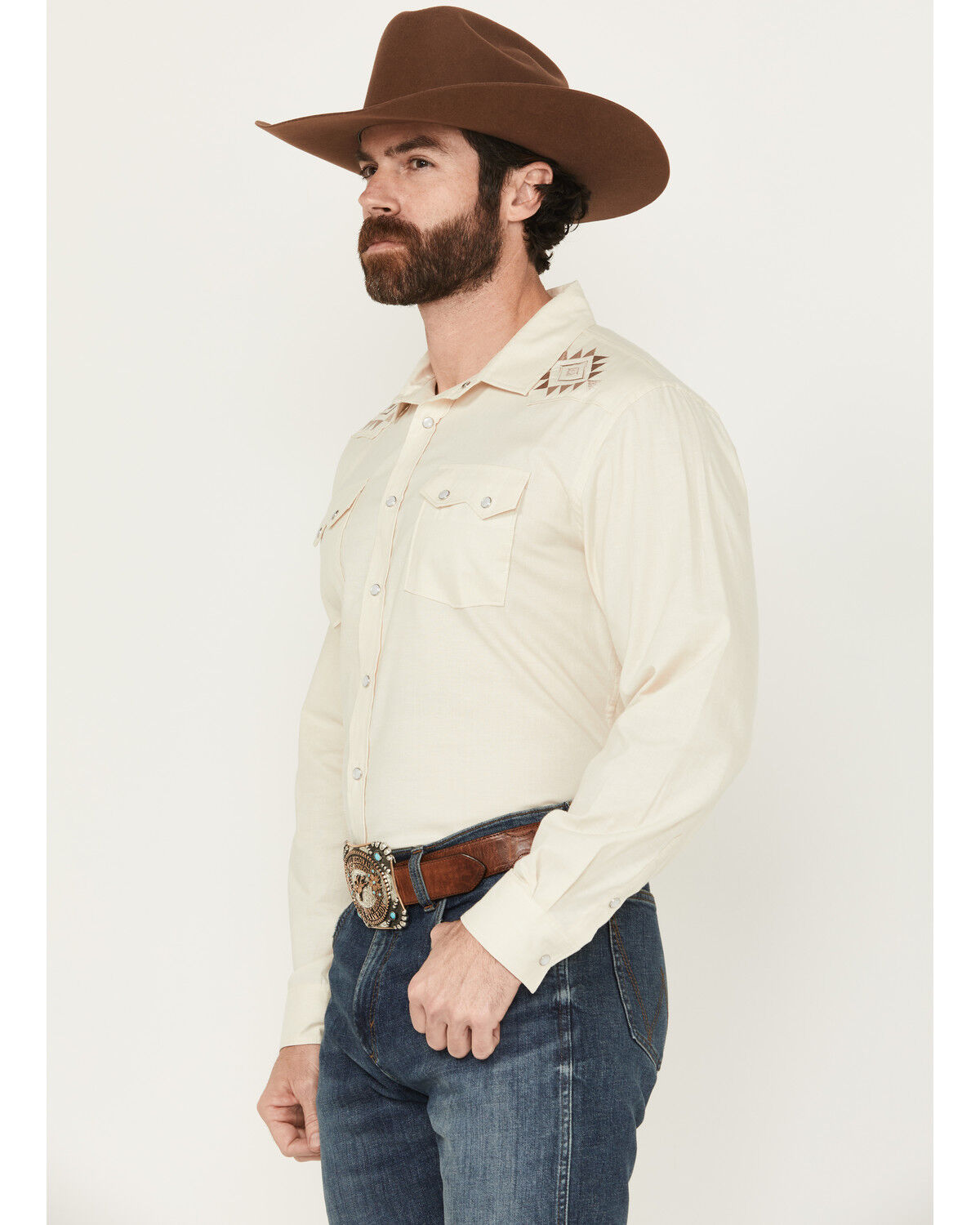 Image #2 - Panhandle Men's Solid Embroidered Long Sleeve Snap Western Shirt, Natural, hi-res