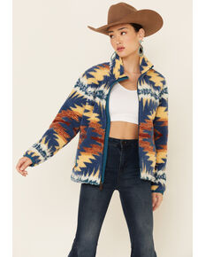 Ariat Women's Night Dance Pendleton Vibrant Jacquard Print Sherpa Jacket, Blue, hi-res