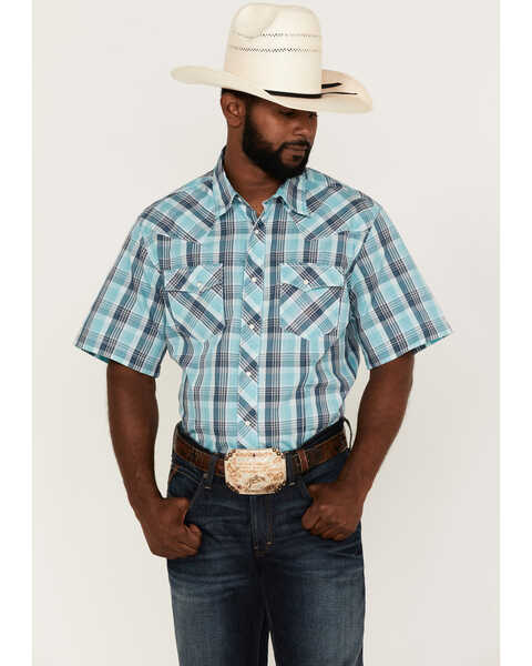 Wrangler Men's Plaid Print Short Sleeve Snap Western Shirt , Blue, hi-res