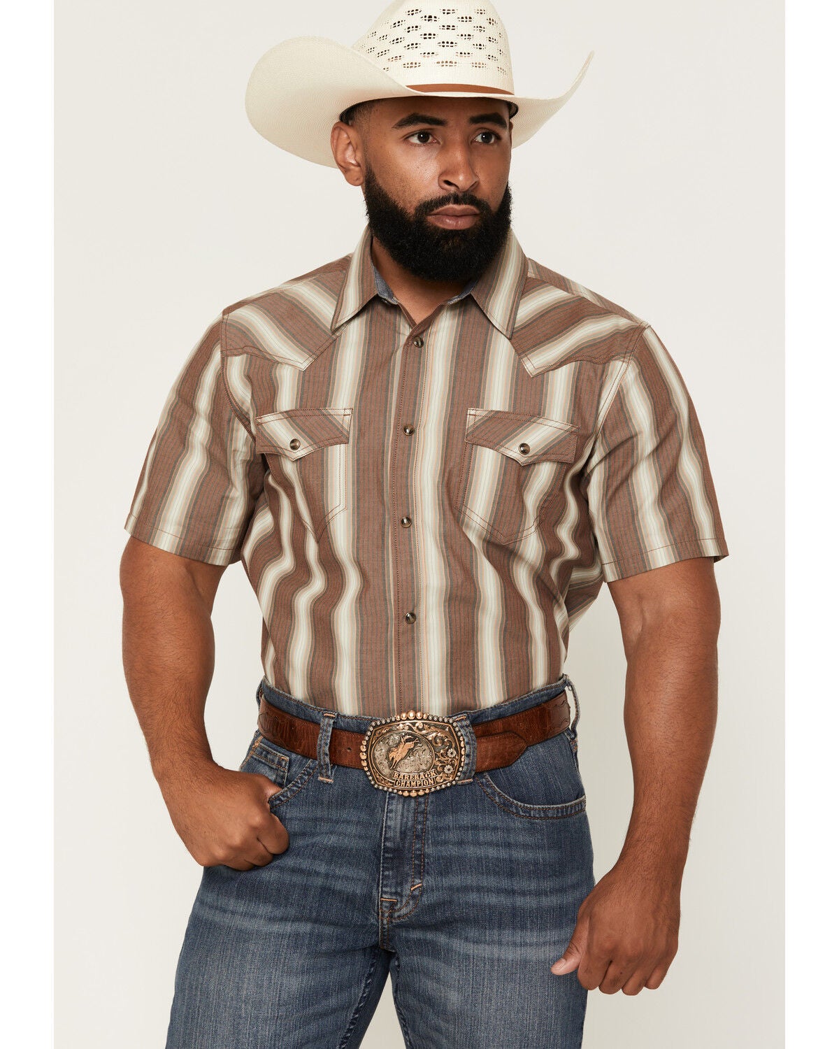 Image #1 - Cody James Men's Gopher Striped Print Short Sleeve Snap Western Shirt, Brown, hi-res