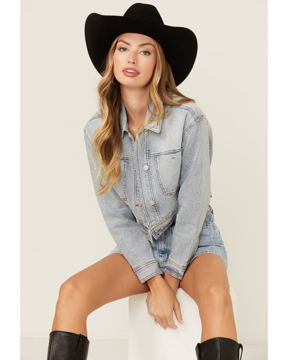 Image #1 - Vibrant Denim Women's Embellished Light Wash Cropped Denim Jacket, , hi-res
