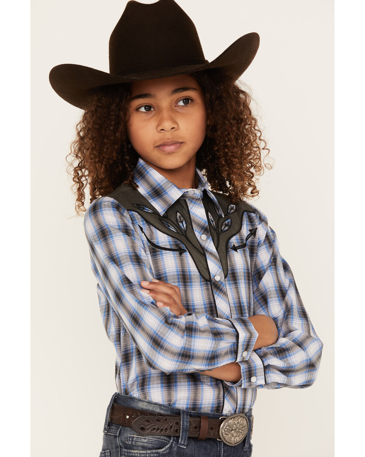 Image #2 - Roper Girls' Plaid Print Embroidered Yoke Long Sleeve Pearl Snap Western Shirt, Blue, hi-res