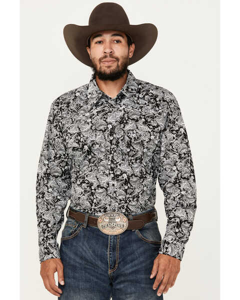 Cowboy Hardware Men's Floral Paisley Print Long Sleeve Snap Western Shirt, Black, hi-res