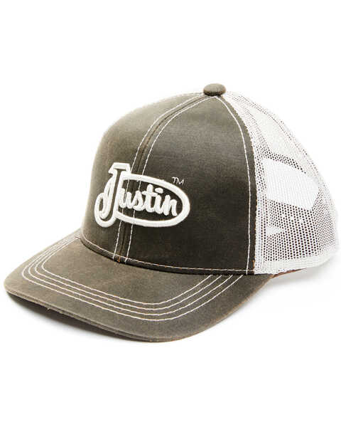 Justin Men's Brown Oilskin Embroidered Logo Mesh-Back Ball Cap , Brown, hi-res