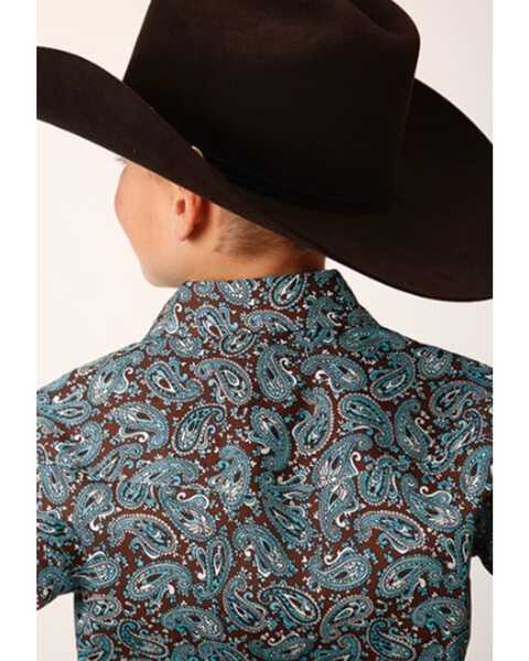 Image #2 - Roper Boys' Paisley Print Long Sleeve Pearl Snap Western Shirt , Turquoise, hi-res