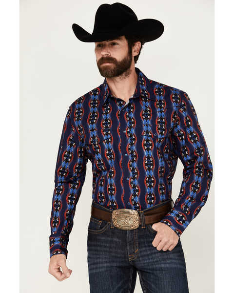 Wrangler Men's Southwestern Print Long Sleeve Snap Western Shirt, Blue, hi-res