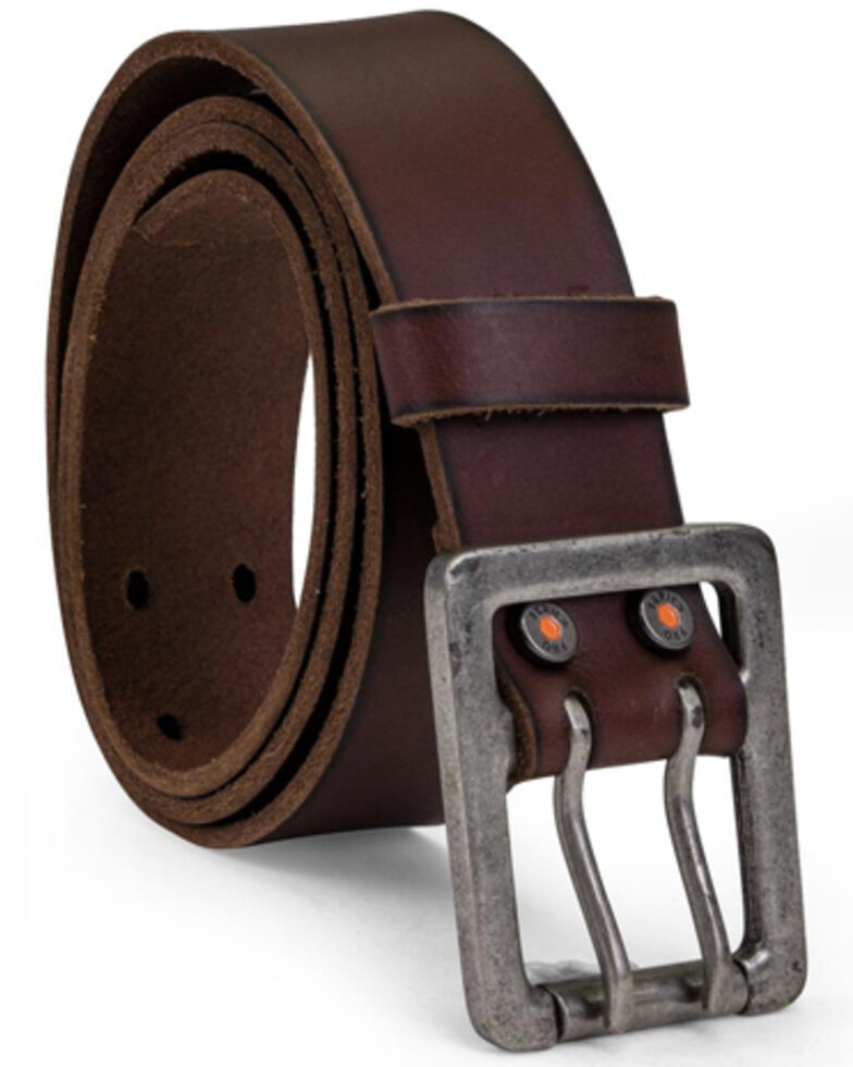 Timberland Men's Double Prong Logo Embross Brown Leather Work Belt, Brown, hi-res