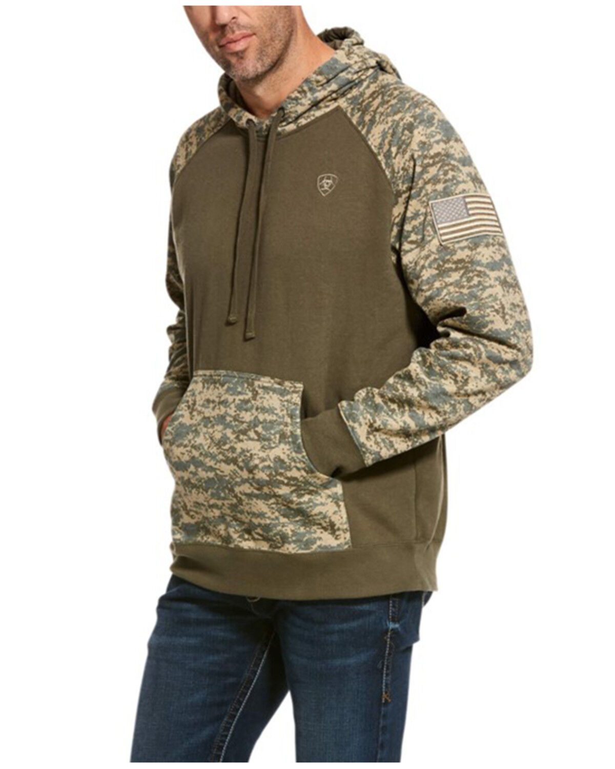 Image #1 - Ariat Men's Patriot Camo Print Hooded Sweatshirt - Tall, Green, hi-res