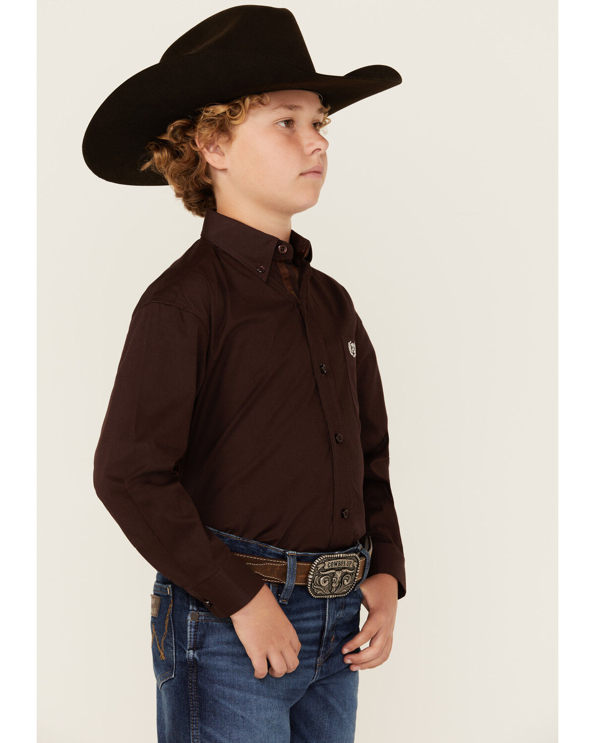 Image #2 - Panhandle Select Boys' Solid Long Sleeve Button-Down Stretch Western Shirt, Brown, hi-res