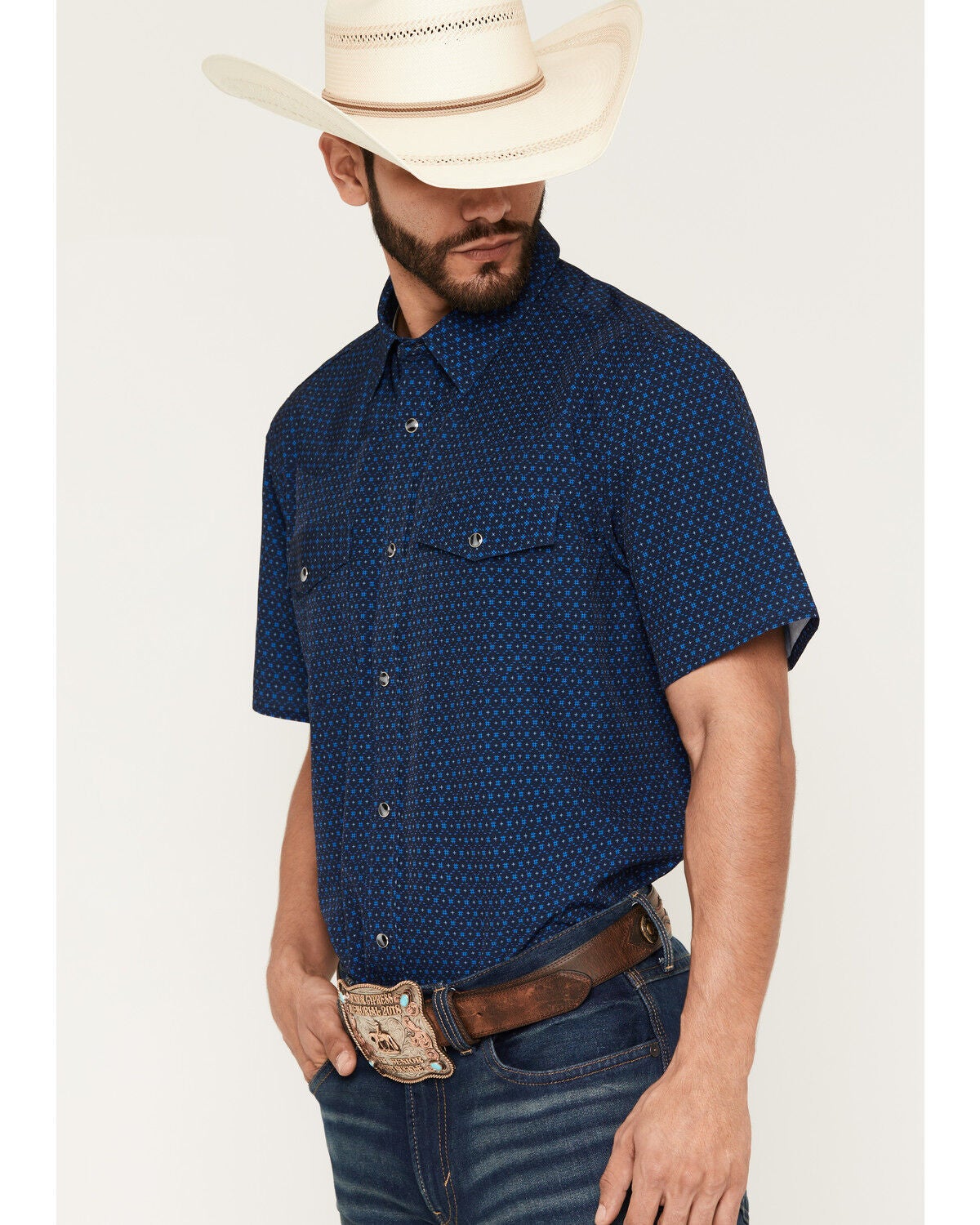 Image #2 - RANK 45&reg; Men's Sky Grid Geo Print Rodeo Tech 2.0 Short Sleeve Snap Western Shirt, Navy, hi-res