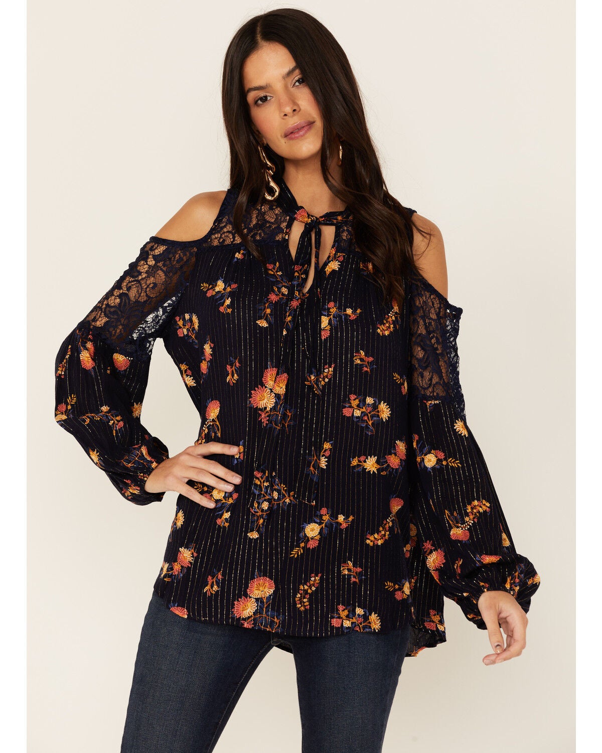 Miss Me Women's Cold Shoulder Long Sleeve Floral Top, Navy, hi-res