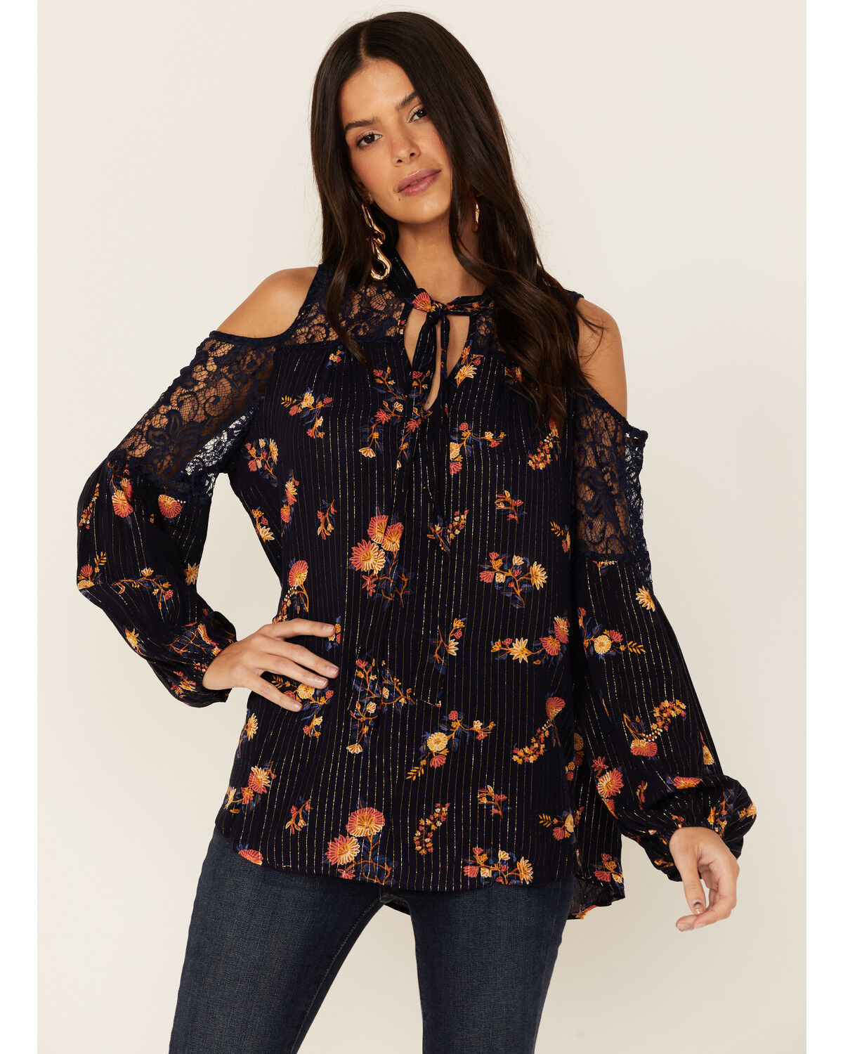 Image #1 - Miss Me Women's Cold Shoulder Long Sleeve Floral Top, Navy, hi-res