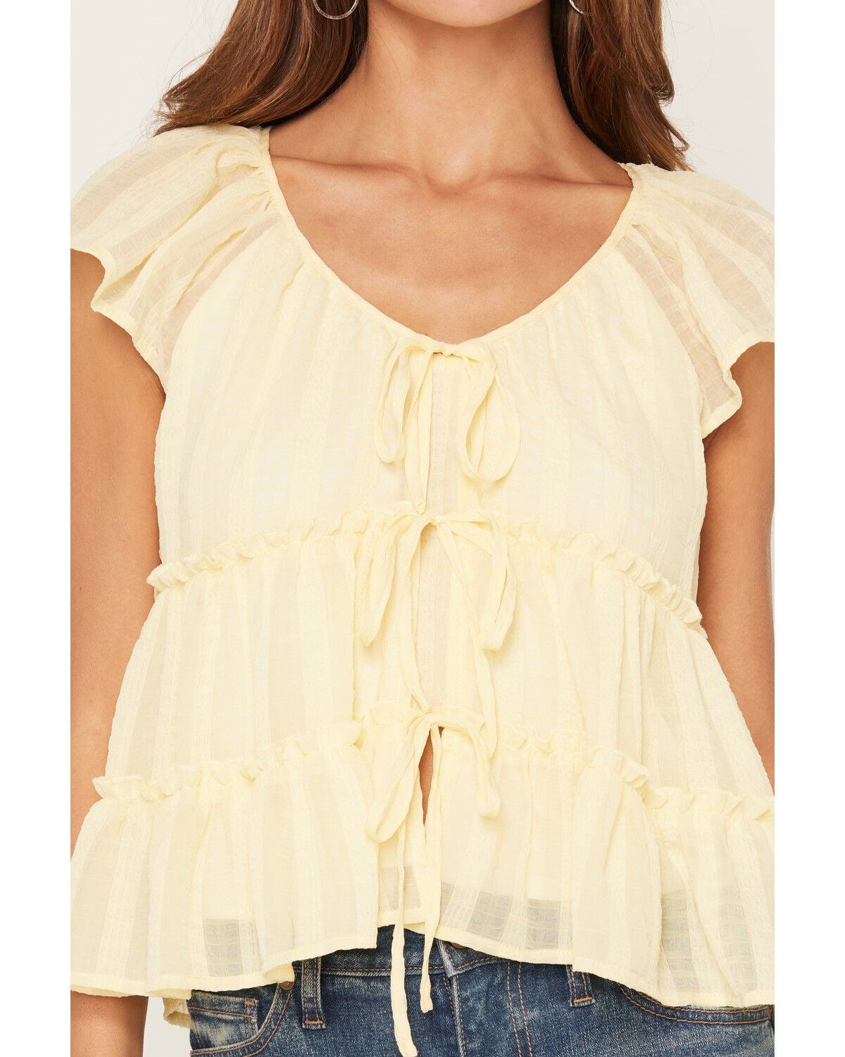 Image #3 - Ash & Violet Women's Short Sleeve Tie-Front Tiered Blouse, Yellow, hi-res
