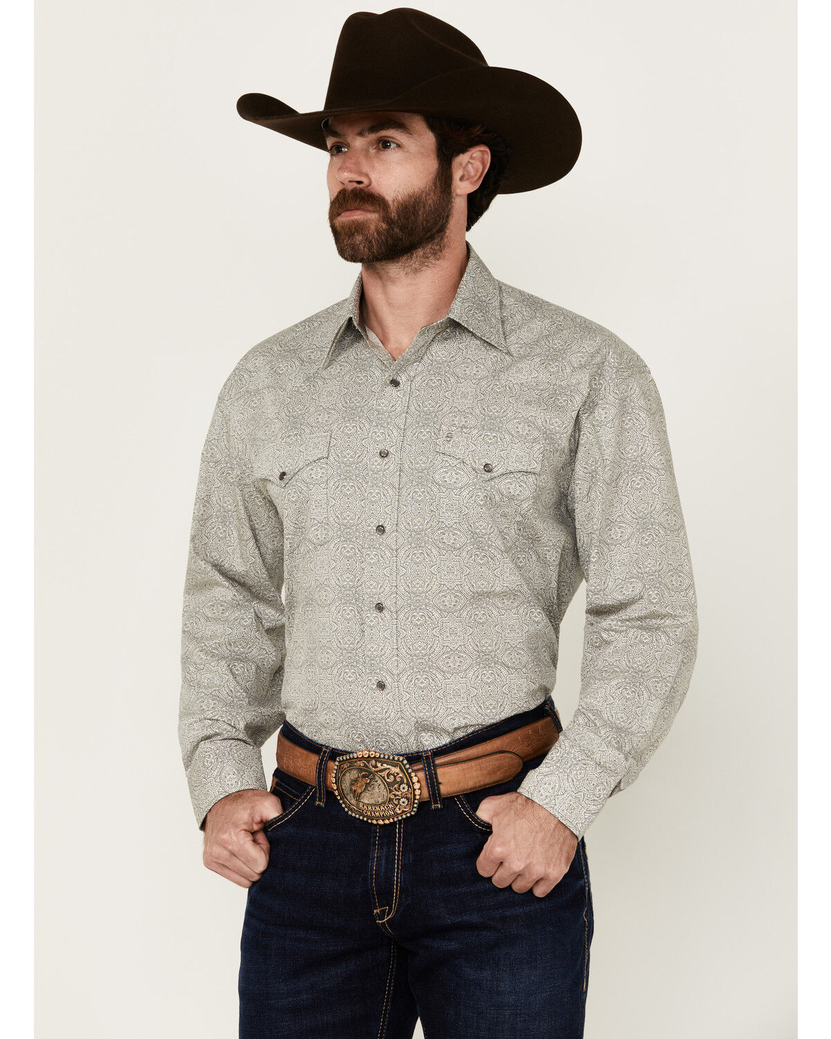 Image #1 - Stetson Men's Medallion Print Long Sleeve Snap Western Shirt, Grey, hi-res