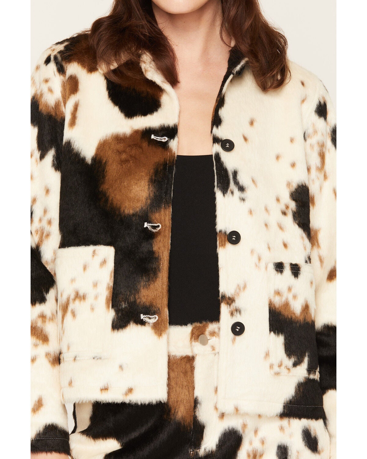 Image #3 - Rock  & Roll Denim Women's Cow Print Faux Fur Jacket, Cream, hi-res