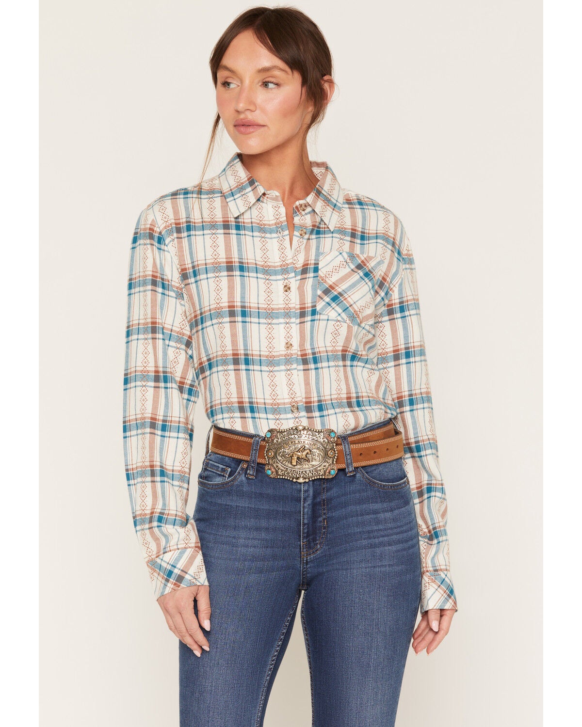 Shyanne Women's Riverfront Plaid Print Long Sleeve Button-Down Flannel Shirt, Bark, hi-res