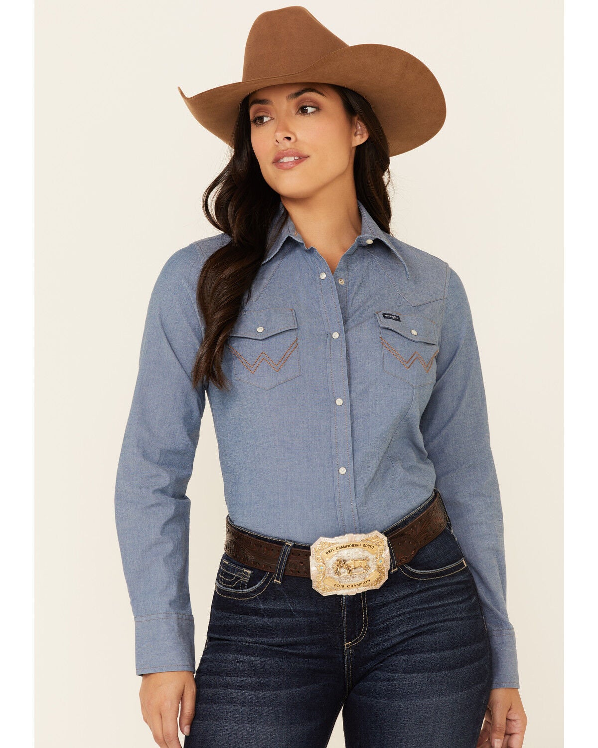 Wrangler Women's Solid Chambray Denim Long Sleeve Snap Western Core Shirt, Blue, hi-res