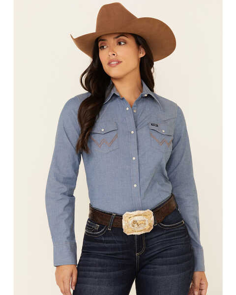 Image #1 - Wrangler Women's Solid Chambray Denim Long Sleeve Snap Western Core Shirt , Blue, hi-res