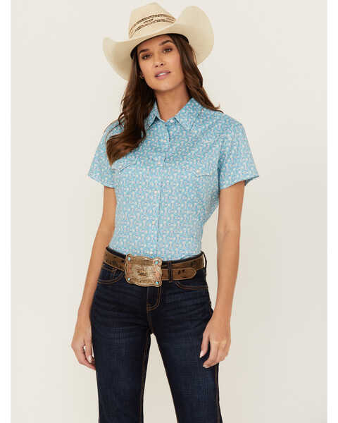 Rough Stock by Panhandle Women's Southwestern Geo Print Short Sleeve Snap Stretch Western Shirt , Aqua, hi-res
