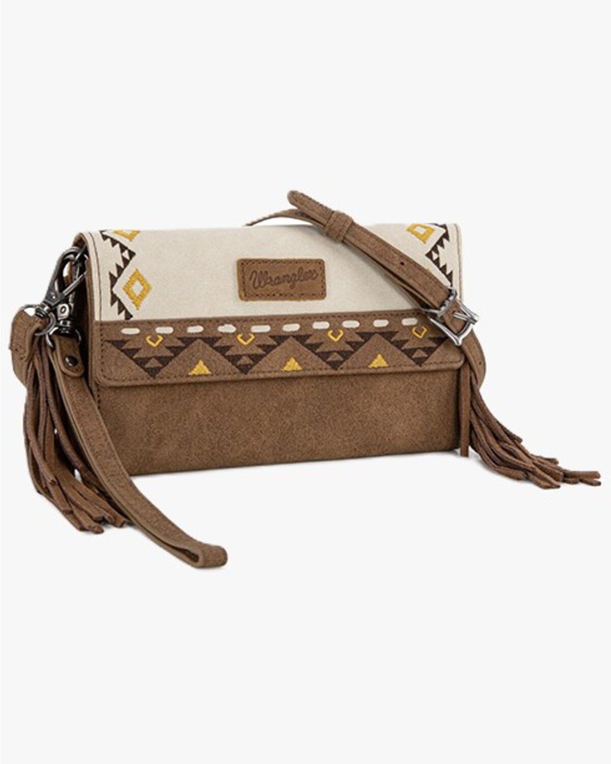 Image #1 - Wrangler Women's Southwestern Embroidered Fringe Wallet Crossbody Bag, Beige, hi-res