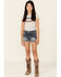 Grace In LA Girls' Medium Wash Southwestern Back Pocket Denim Shorts , Blue, hi-res