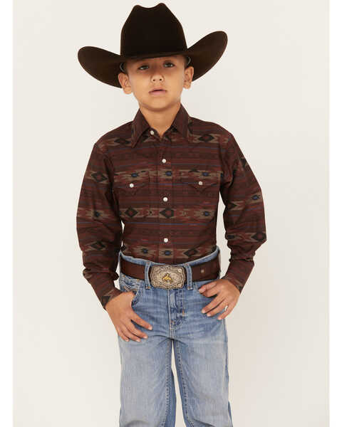 Ely Walker Boys' Southwestern Stripe Long Sleeve Pearl Snap Western Shirt, Burgundy, hi-res