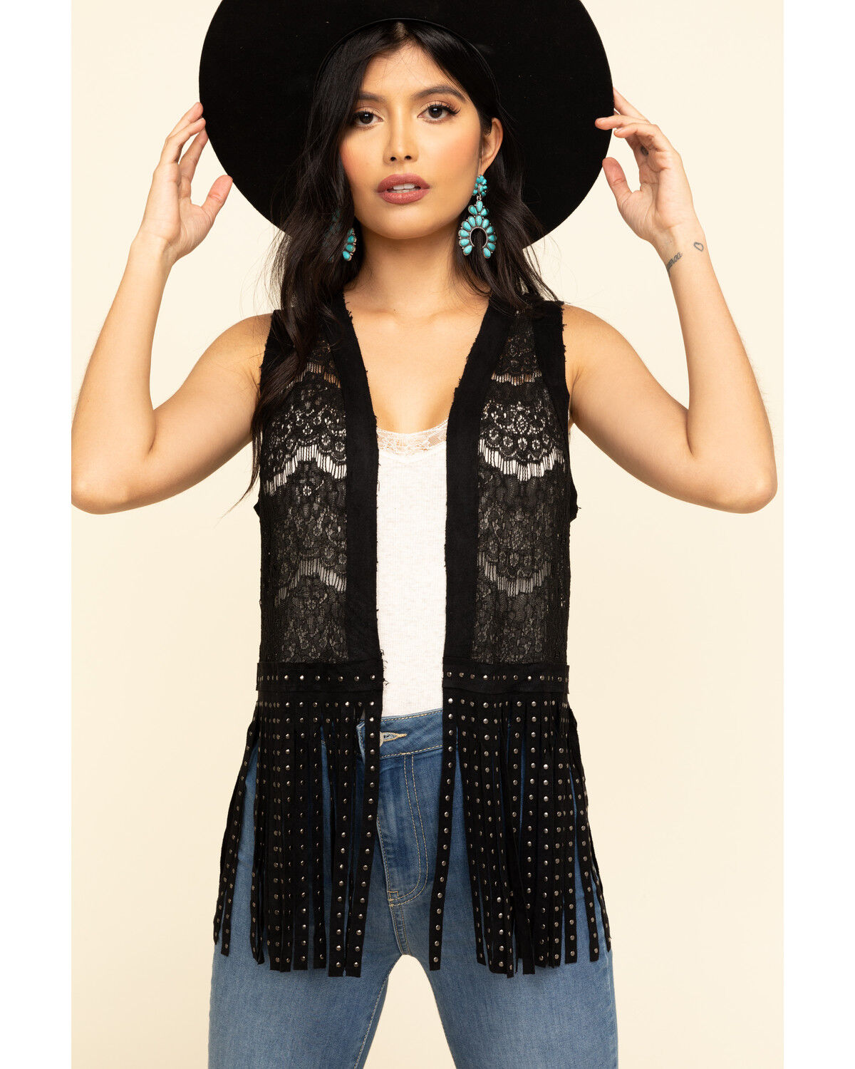 Image #1 - Vocal Women's Lace Studded Fringe Vest, Black, hi-res