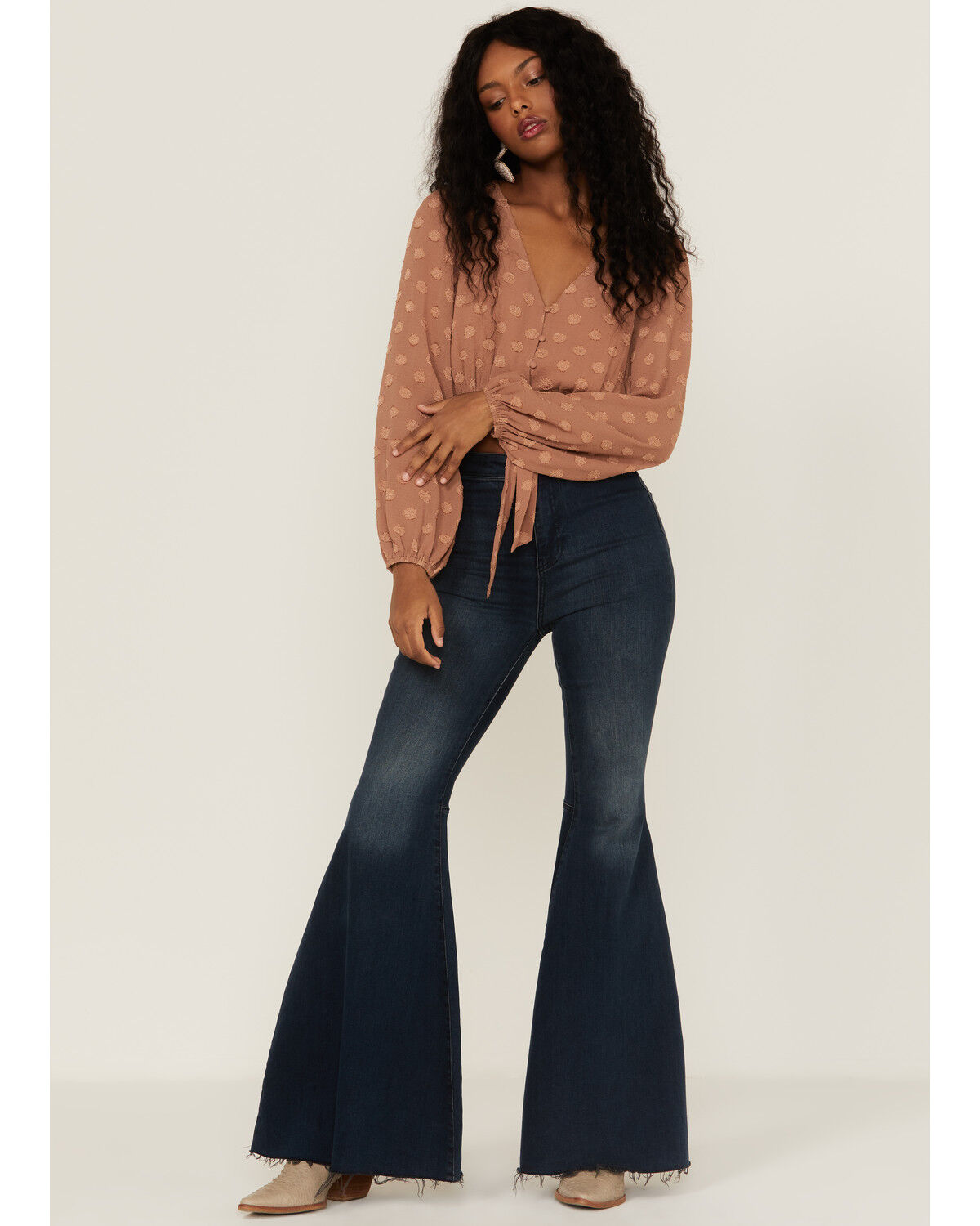 Image #2 - Lush Women's Tie Front Textured Dot Long Sleeve Blouse, Camel, hi-res