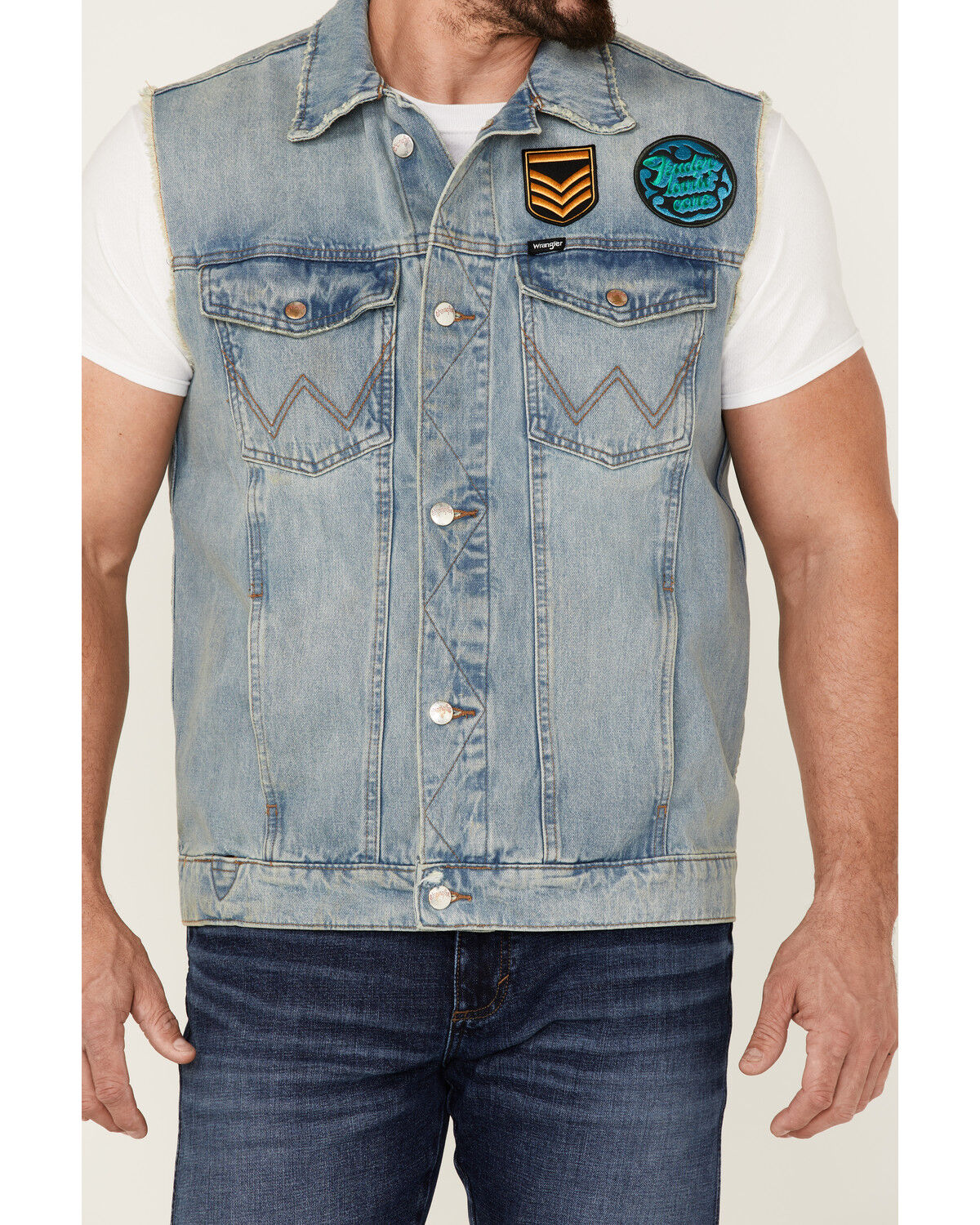 Image #3 - Wrangler X Fender Men's Cowboy Rockstar Patch Denim Vest, Indigo, hi-res