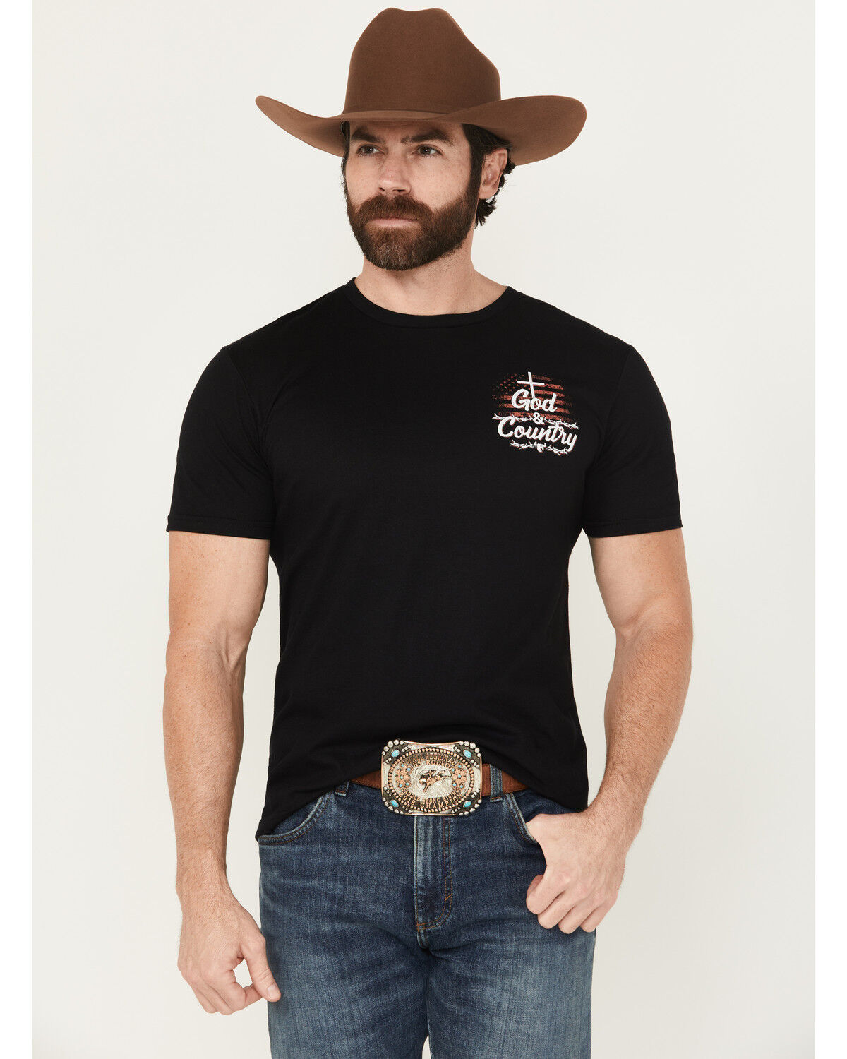 Image #2 - Cowboy Hardware Men's God And Country Short Sleeve Graphic T-Shirt, Black, hi-res