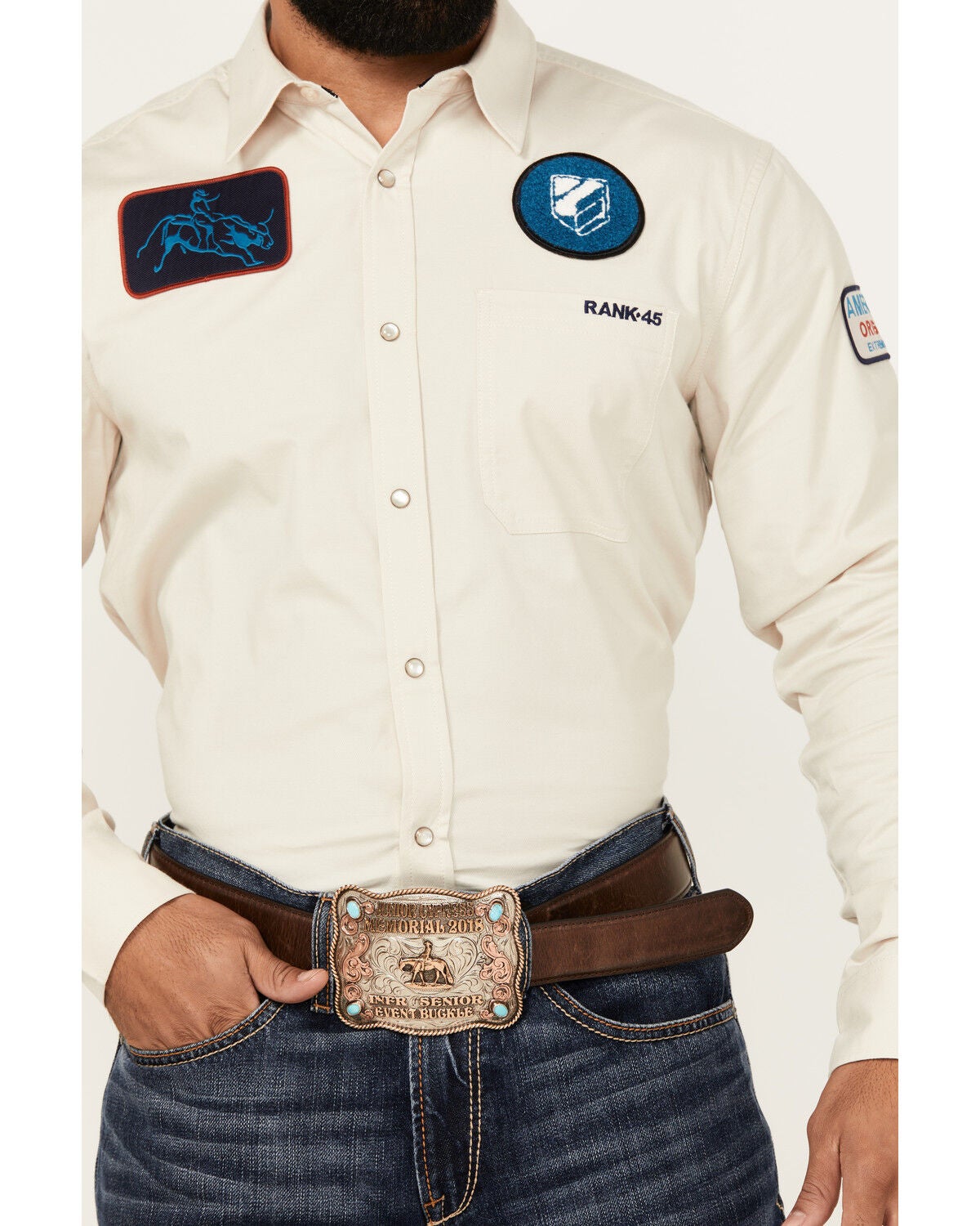 Image #3 - RANK 45&reg; Men's Patched Racer Logo Long Sleeve Snap Stretch Performance Western Shirt, Ivory, hi-res