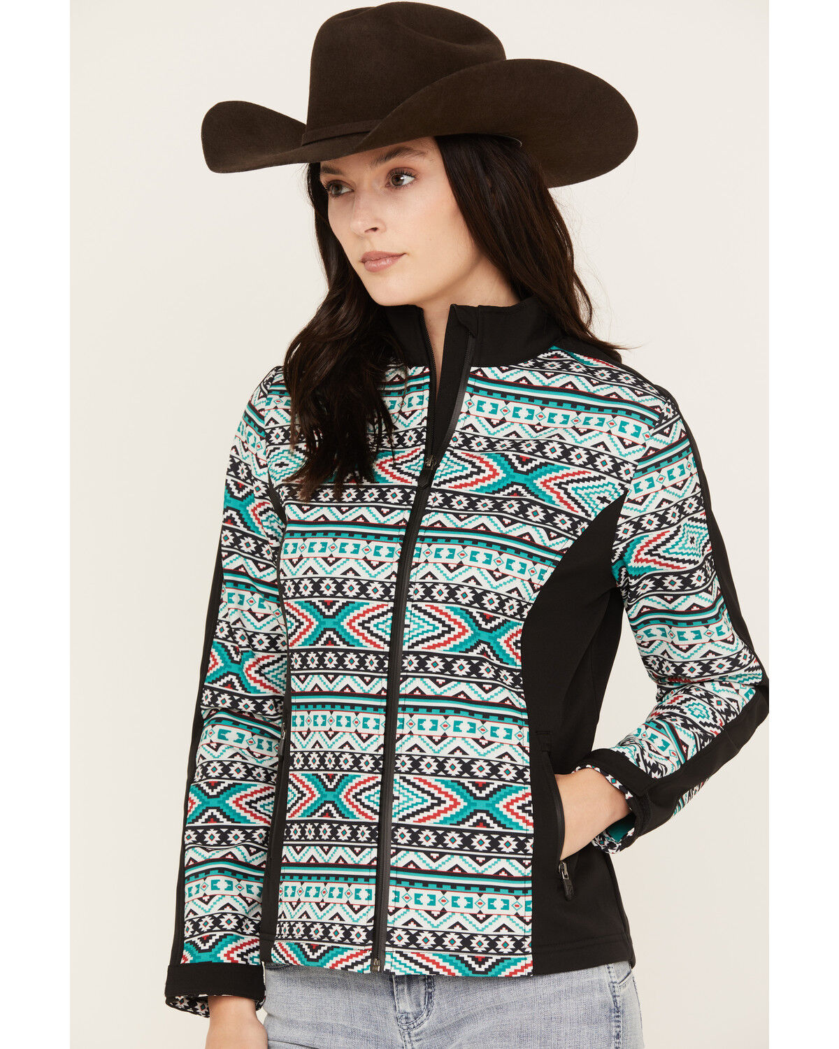 Image #2 - RANK 45® Women's Atha Geo Print Softshell Jacket, Green, hi-res
