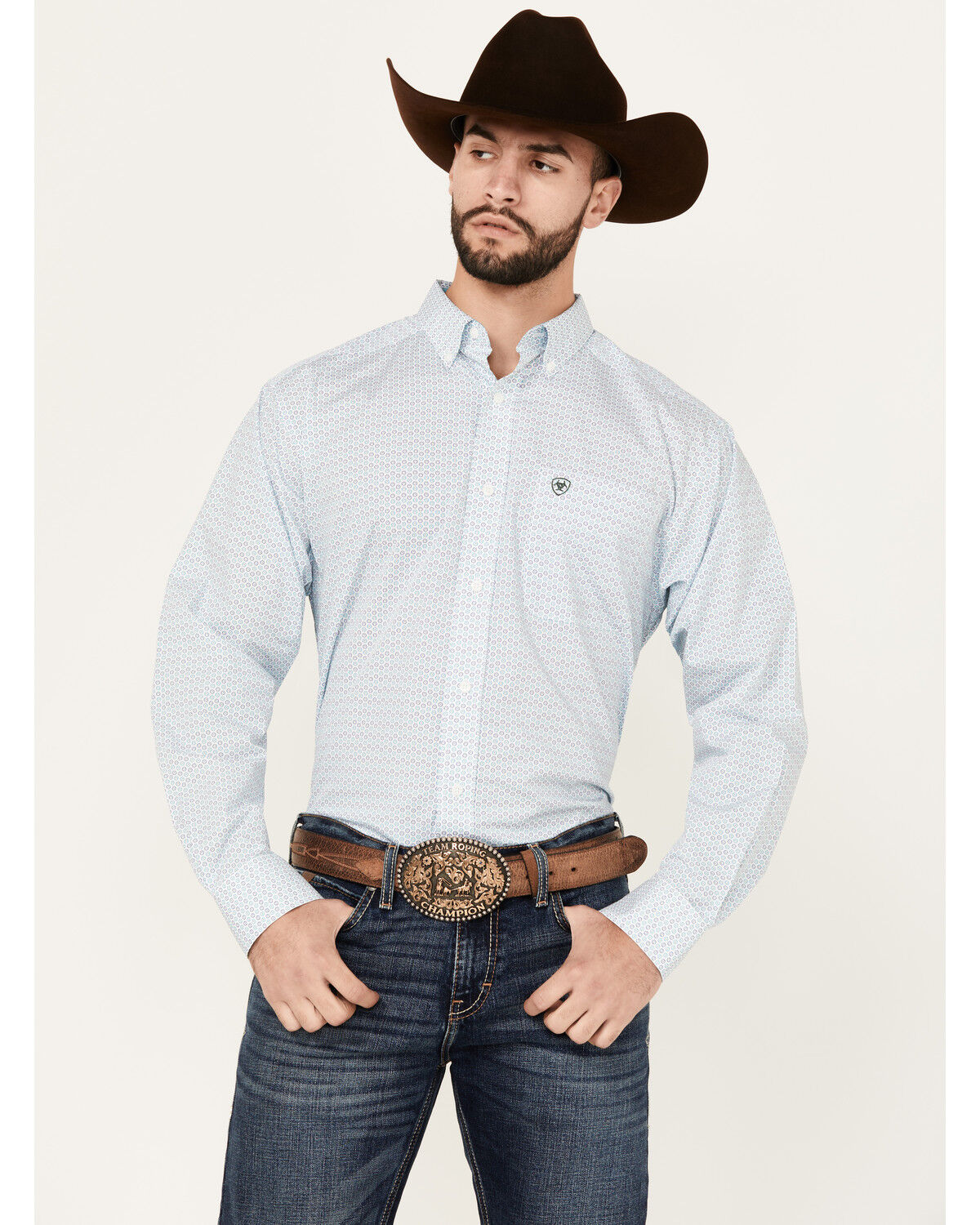 Image #1 - Ariat Men's Kolton Geo Print Long Sleeve Button-Down Western Shirt, White, hi-res