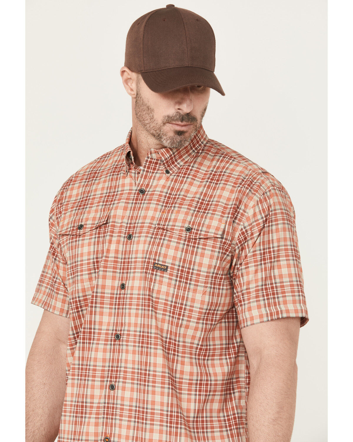 Image #2 - Ariat Men's Rebar Plaid Print Short Sleeve Button-Down Work Shirt, Red, hi-res