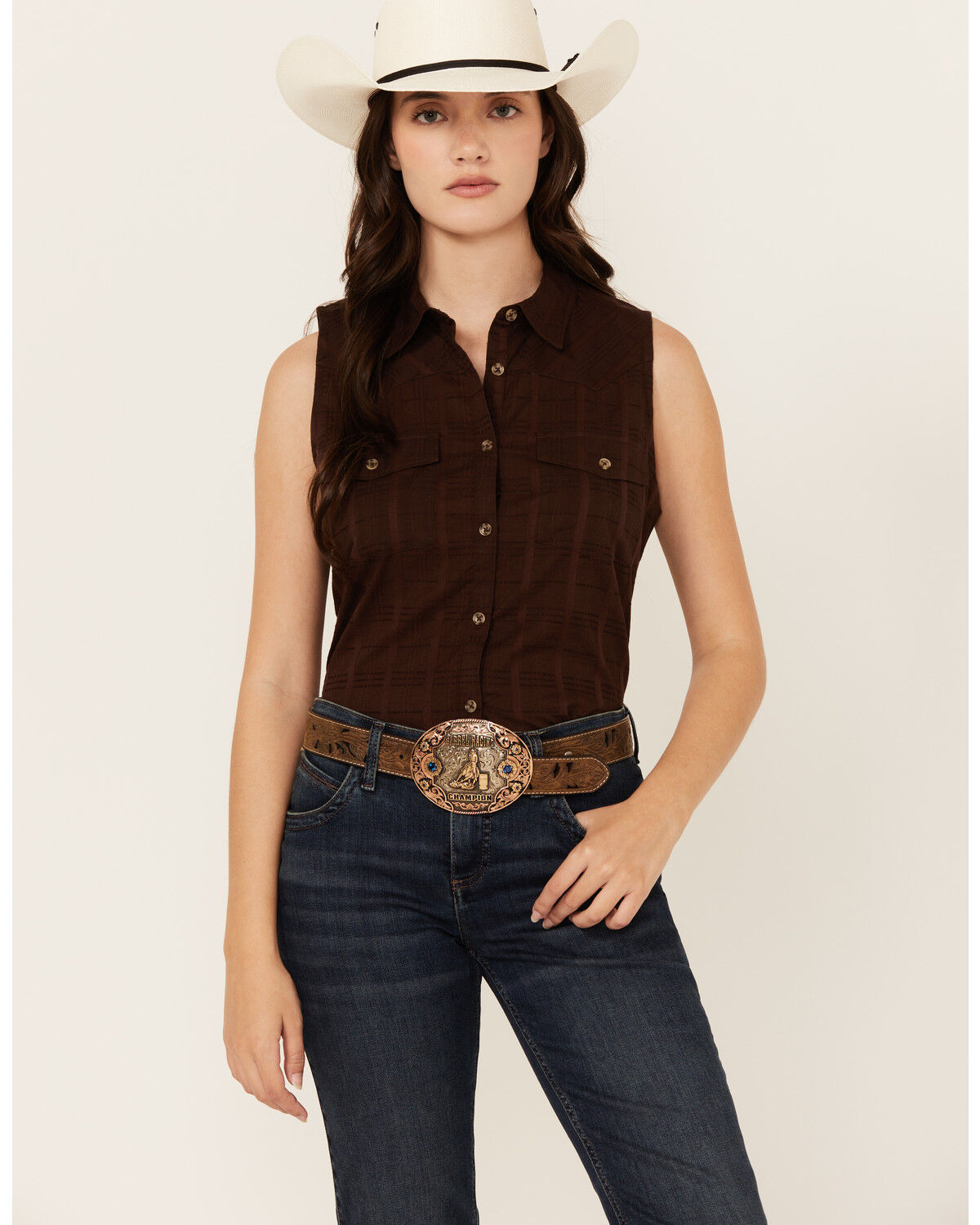 Image #1 - Shyanne Women's Shadow Striped Sleeveless Button-Down Western Shirt, Chocolate, hi-res