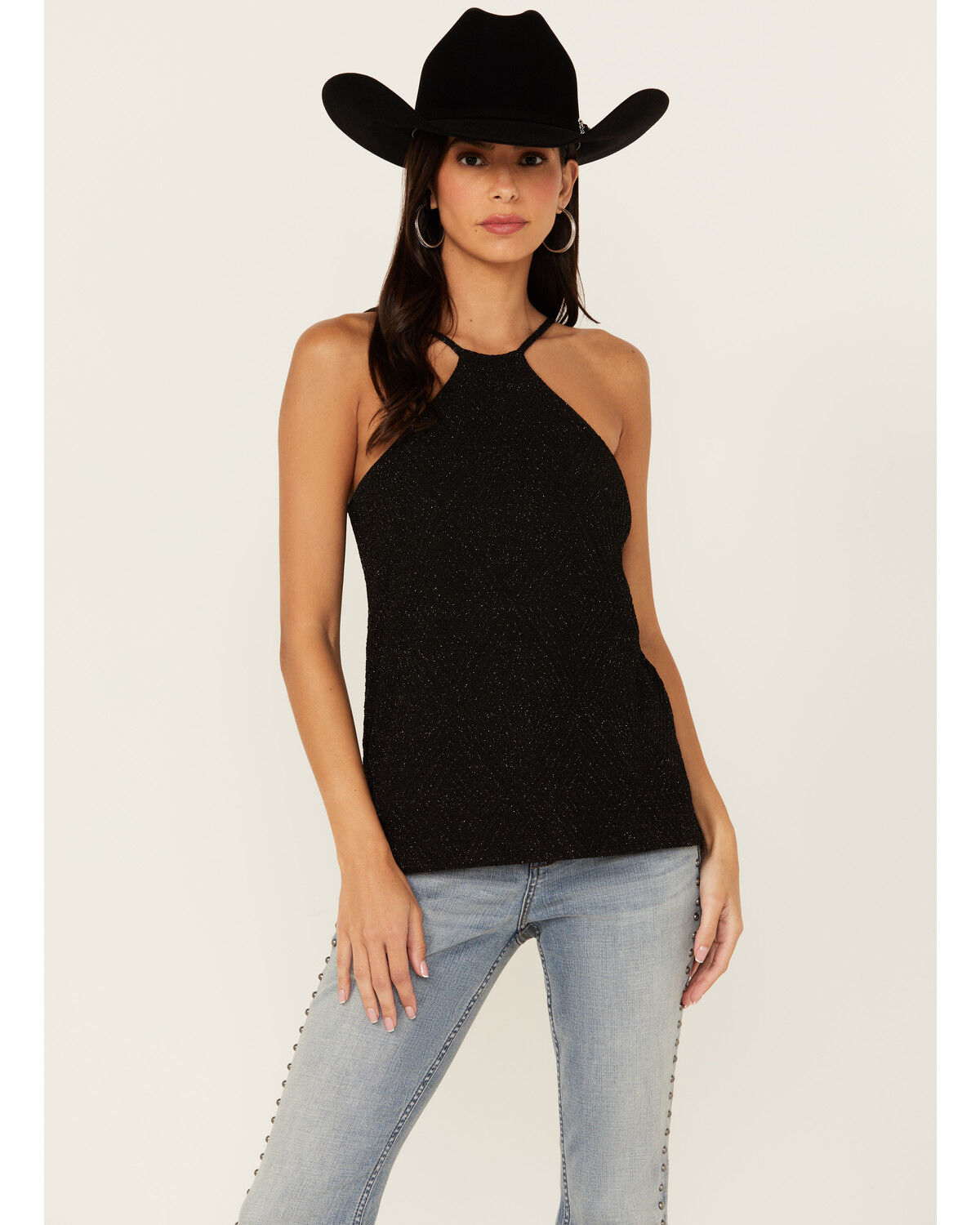 Image #1 - Rock & Roll Denim Women's Shimmer High Neck Tank, Black, hi-res