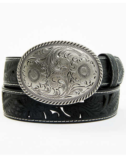 Shyanne Women's Oval Scroll Buckle Tooled Cut Out Belt, Black, hi-res