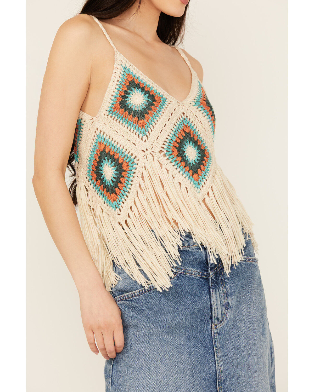 Image #3 - Rock & Roll Denim Women's Crochet Fringe Tank, Cream, hi-res