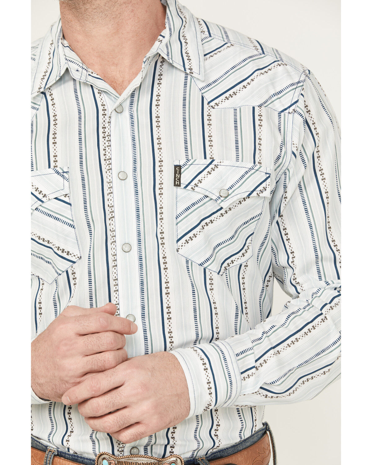Image #3 - Cinch Men's Striped Long Sleeve Snap Western Shirt, White, hi-res