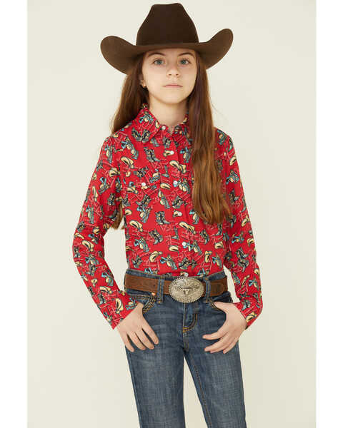 Roper Girls' Boot Scoot Print Long Sleeve Pearl Snap Western Shirt , Red, hi-res