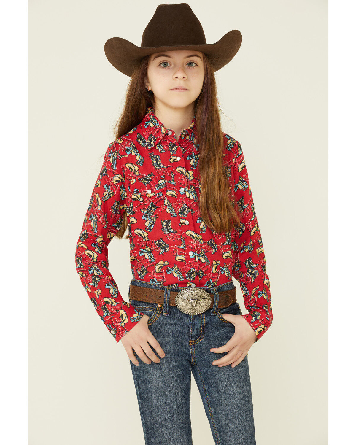 Image #1 - Roper Girls' Boot Scoot Print Long Sleeve Pearl Snap Western Shirt, Red, hi-res