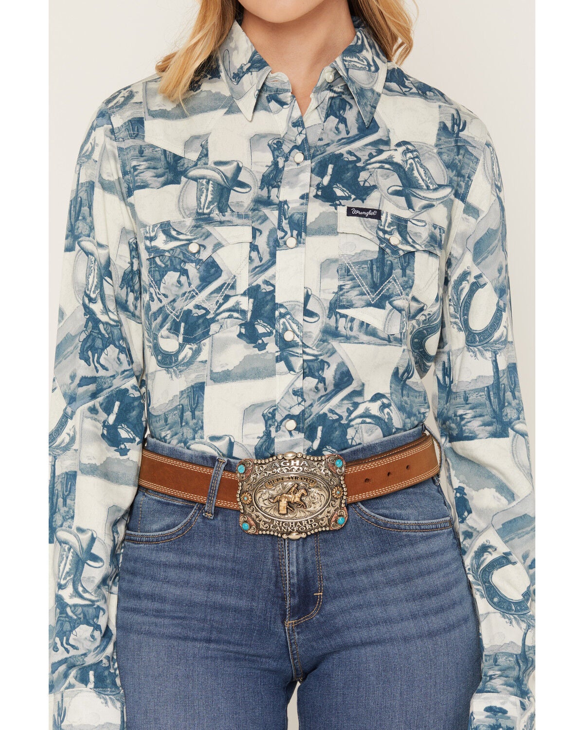 Image #3 - Wrangler Retro Women's Western Conversational Print Long Sleeve Snap Western Shirt, Blue, hi-res