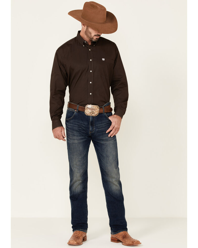 Cinch Men's Solid Brown Button-Down Long Sleeve Western Shirt , Brown, hi-res