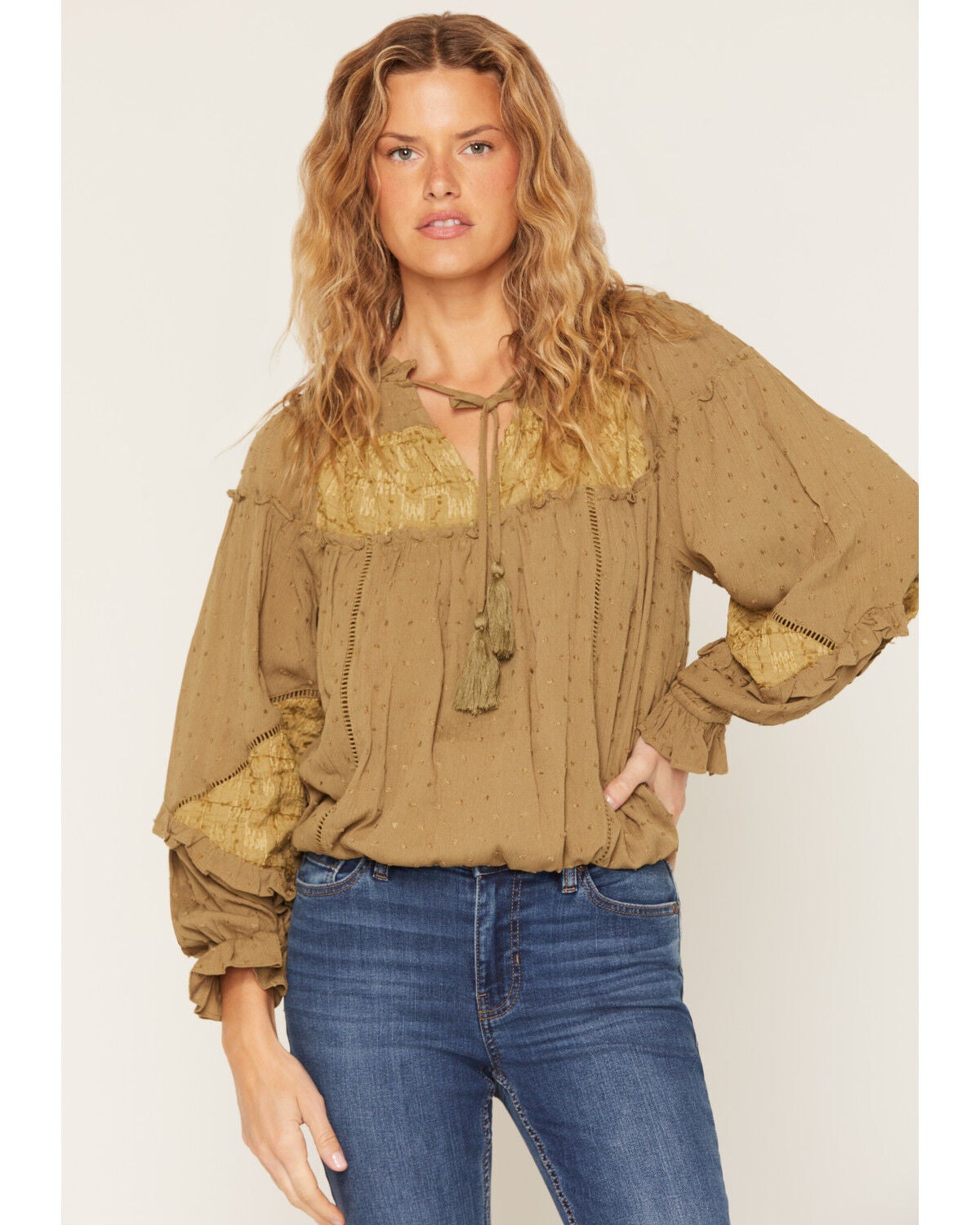 Image #1 - Miss Me Women's Bubble Hem Lace Trim Peasant Blouse, Green, hi-res