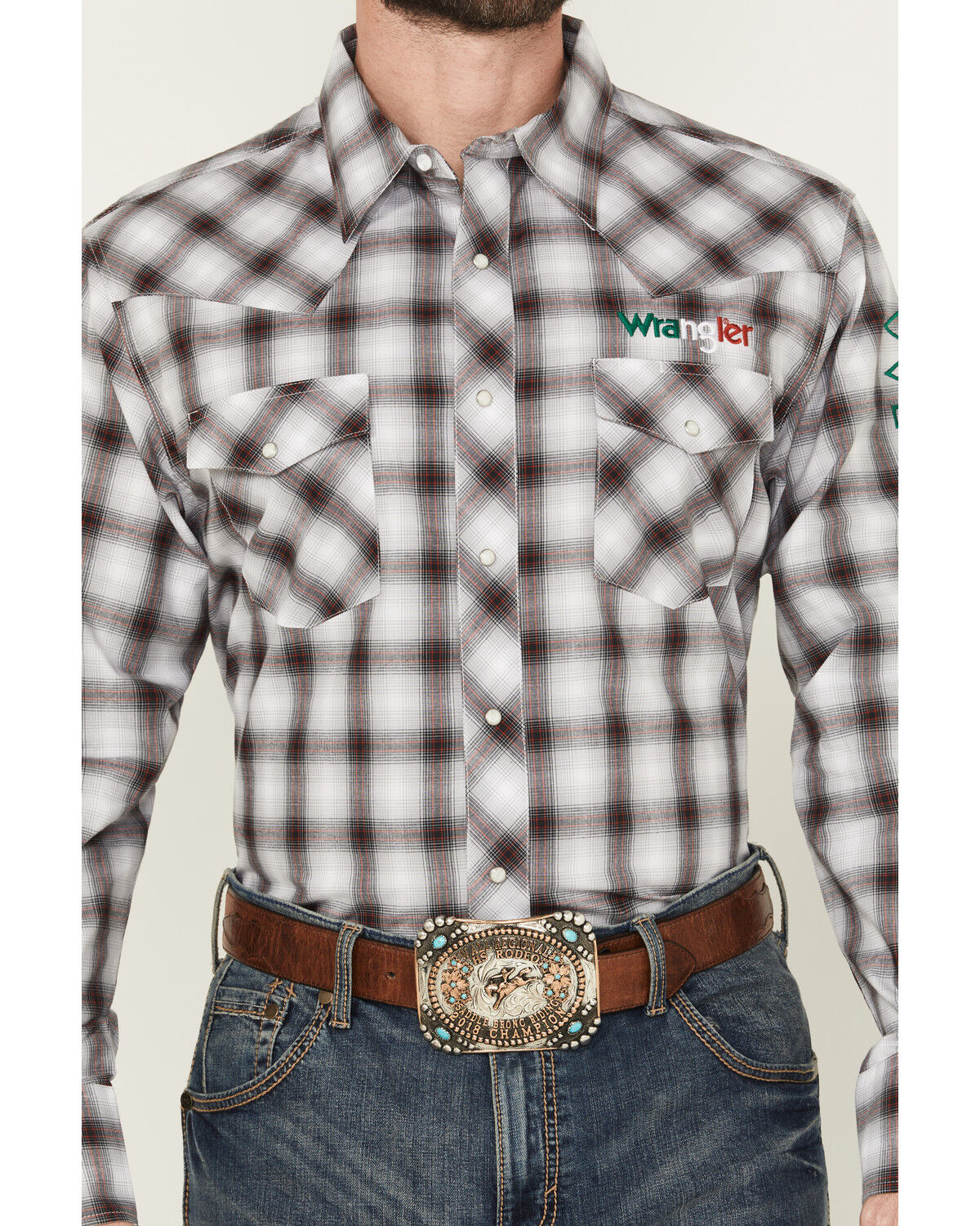 Image #3 - Wrangler Men's Plaid Print Logo Long Sleeve Snap Western Shirt - Tall, Black, hi-res