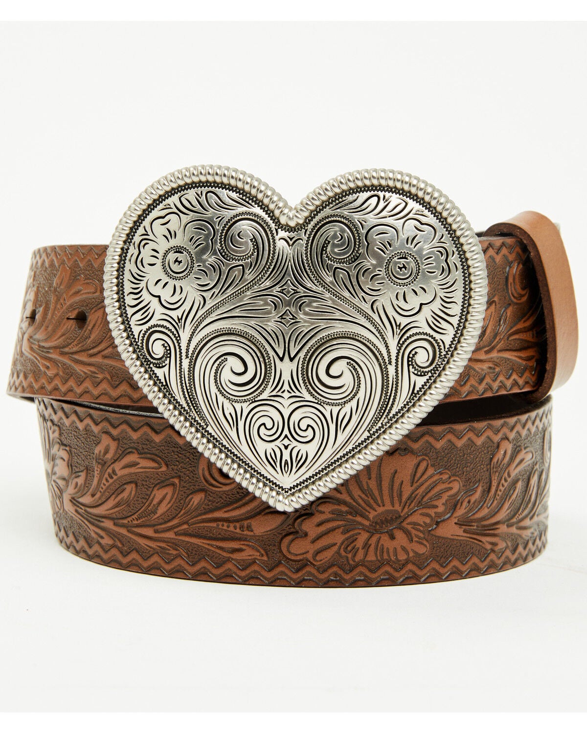 Shyanne Women's Valentina Embossed Heart Buckle Belt, Brown, hi-res