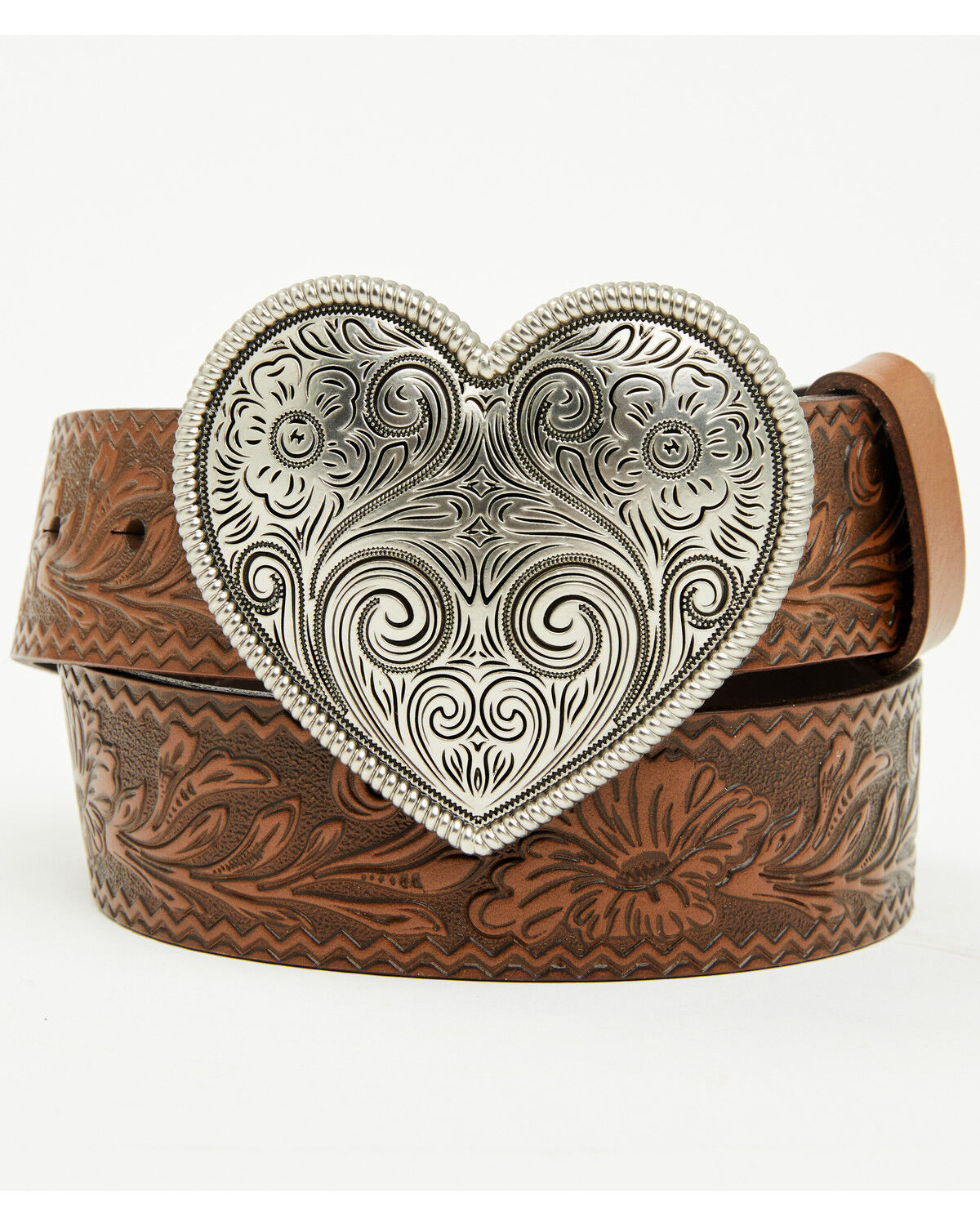 Image #1 - Shyanne Women's Valentina Embossed Heart Buckle Belt, Brown, hi-res